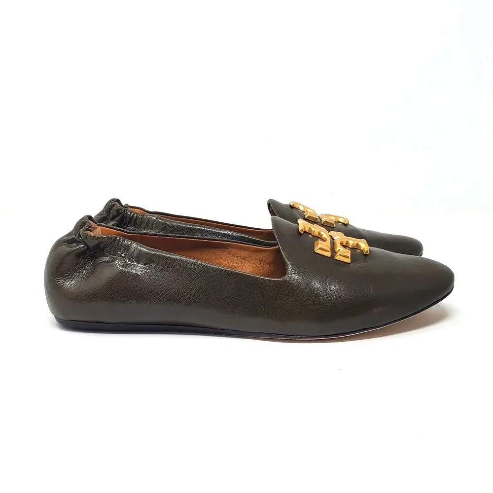 Tory Burch Eleanor Loafers Flat Goat Leather Moss Olive Green Gold 84922 Size 8